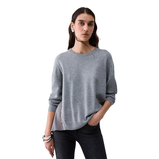Maglia Donna in misto lana, con inserto in raso rifinito in pizzo