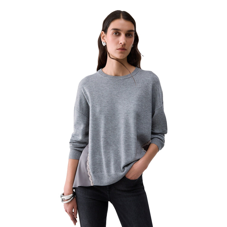 Maglia Donna in misto lana, con inserto in raso rifinito in pizzo