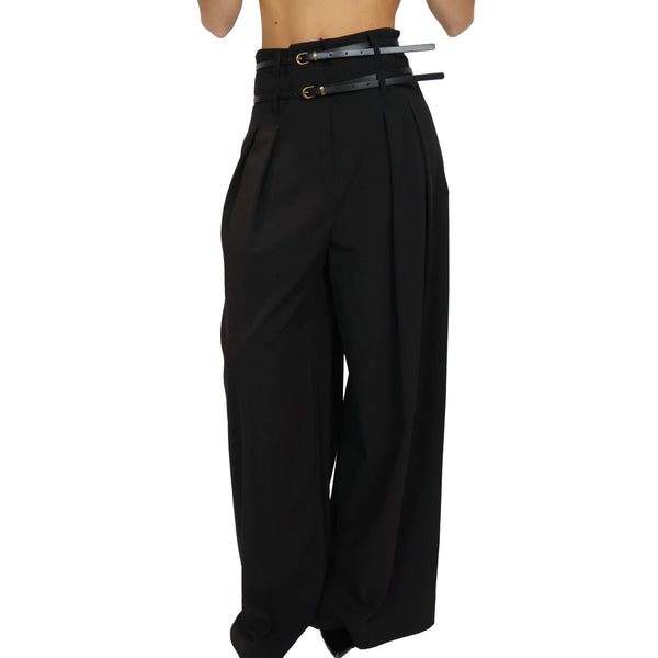 Pantalone nero Donna con cintura doppia, modella frontale