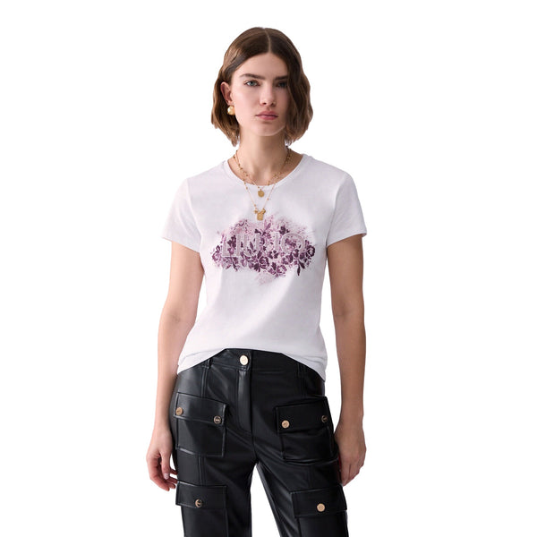 T-shirt Donna con logo e sfondo floreale modella frontale