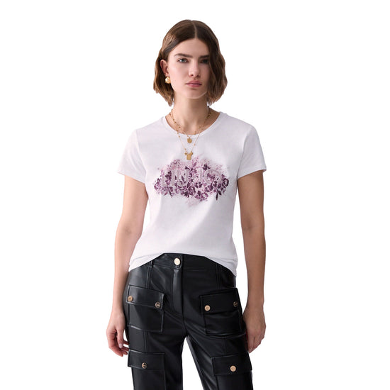 T-shirt Donna con logo e sfondo floreale modella frontale