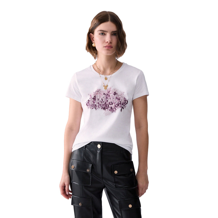 T-shirt Donna con logo e sfondo floreale modella frontale