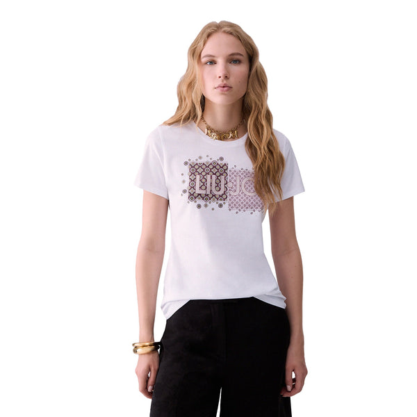 T-shirt Donna con logo su sfondo doppia fantasia modella frontale