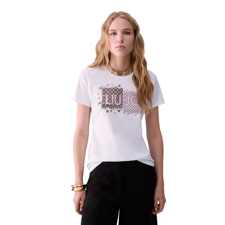 T-shirt Donna con logo su sfondo doppia fantasia modella frontale
