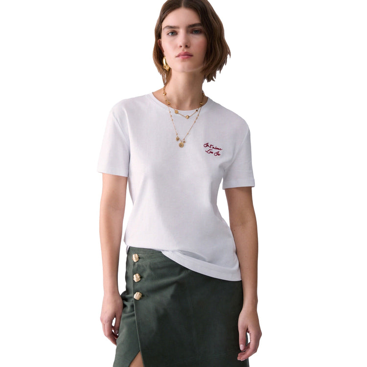 T-shirt bianca Donna con mini ricamo lettering modella frontale