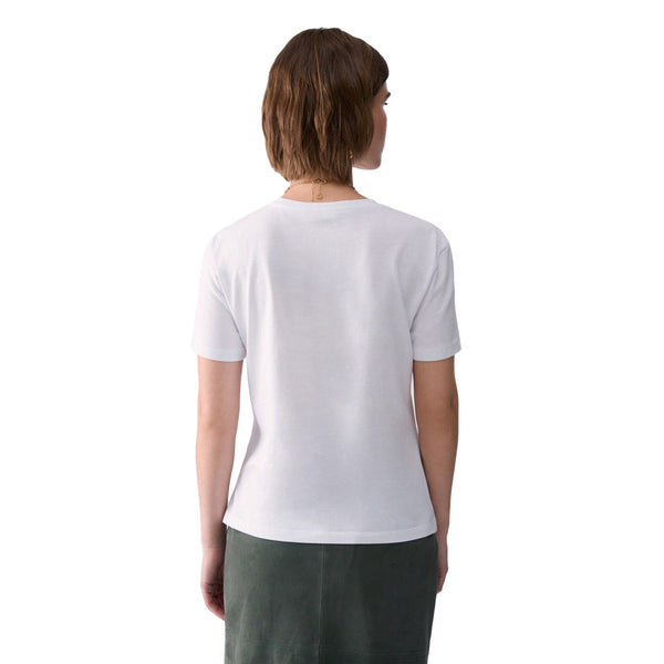 T-shirt bianca Donna con mini ricamo lettering modella retro