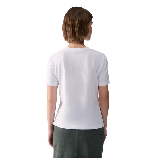 T-shirt bianca Donna con mini ricamo lettering modella retro