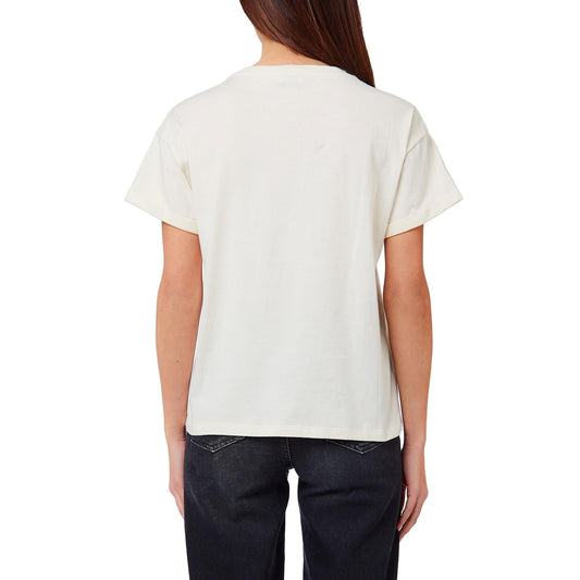 T-shirt Donna con maniche con risvolto color panna, modella retro