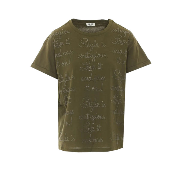 T-Shirt Donna, in verde militare, con scritte strass