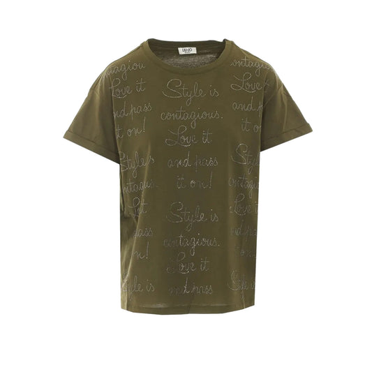T-Shirt Donna, in verde militare, con scritte strass