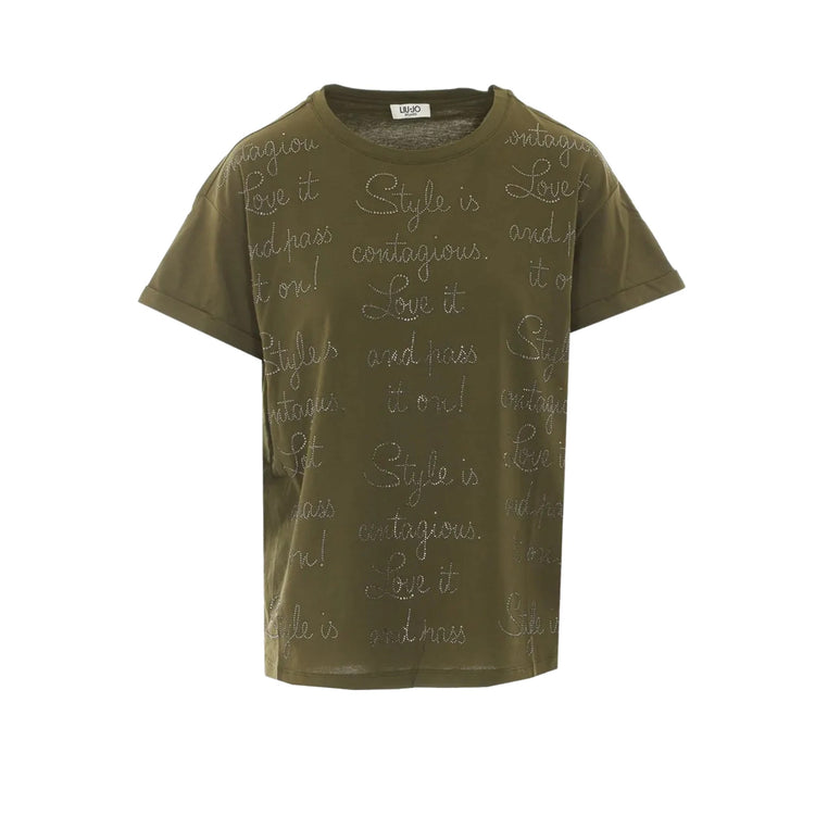 T-Shirt Donna, in verde militare, con scritte strass