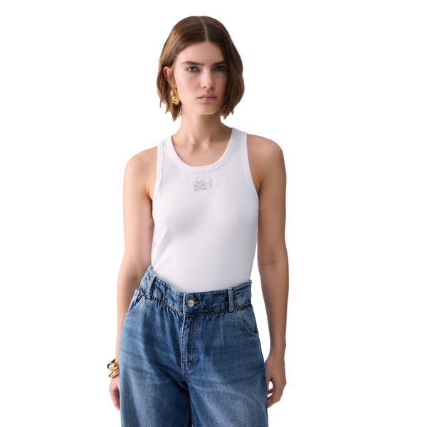 Canotta bianca Donna con logo triplo modella frontale