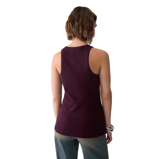 Canotta bordeaux Donna con logo triplo modella retro