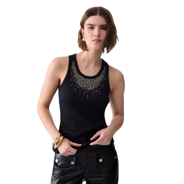 Top nero Donna con strass sullo scollo modella frontale