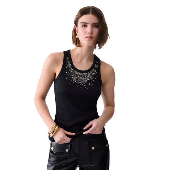 Top nero Donna con strass sullo scollo modella frontale
