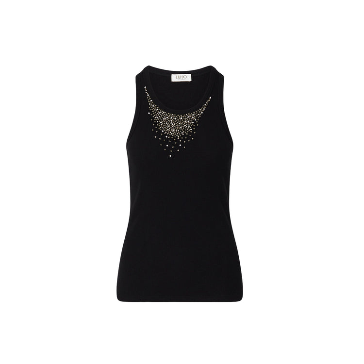 Top nero Donna con strass sullo scollo
