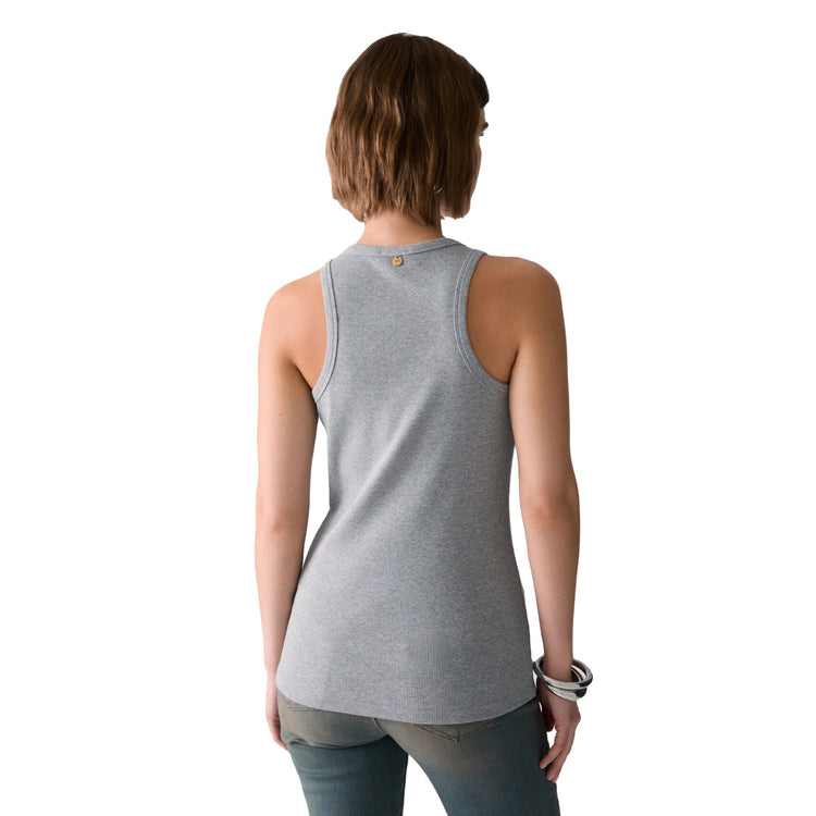 Top grigio Donna con gioielli su scollo modella retro