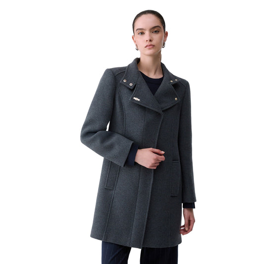 Cappotto midi Donna in panno grigio,  modella frontale