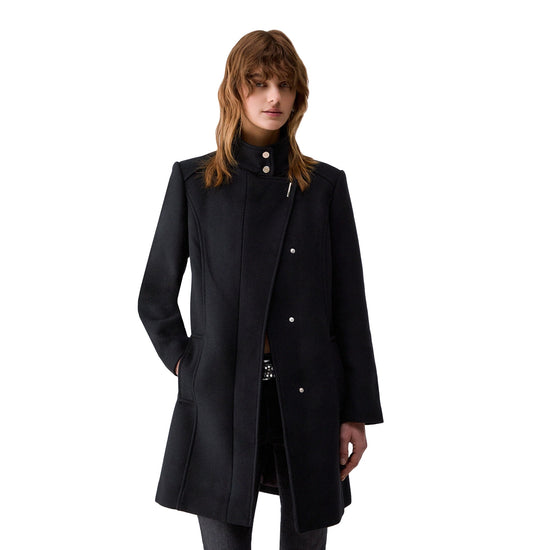 Cappotto midi Donna in panno nero, modella frontale