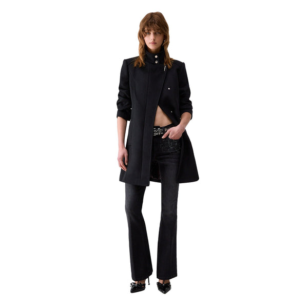 Cappotto midi Donna in panno nero, modella frontale intera