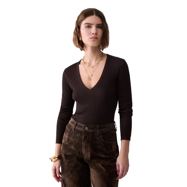 Maglia Donna con interventi lurex marrone modella frontale