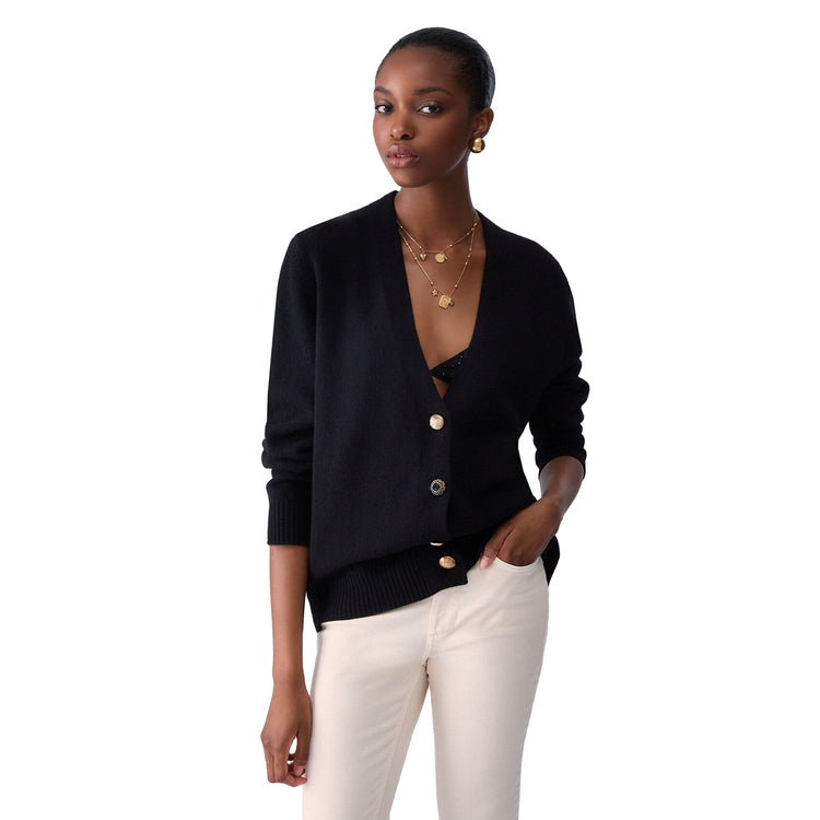 Cardigan Donna con bottoni gioiello Nero modella frontale