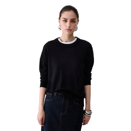 Maglia girocollo Donna Nero modella frontale 