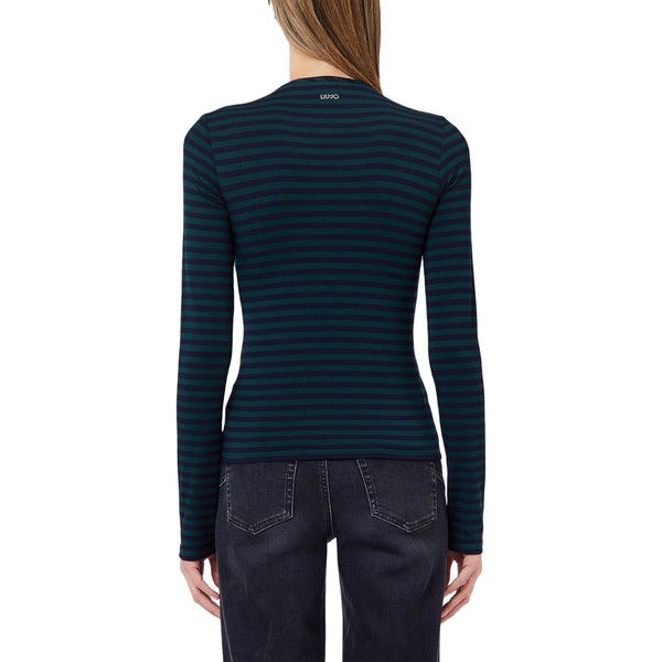 T-shirt Donna manica lunga a righe bicolor, modella retro
