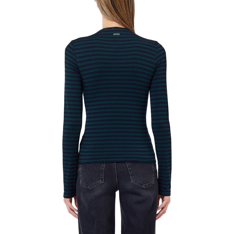 T-shirt Donna manica lunga a righe bicolor, modella retro
