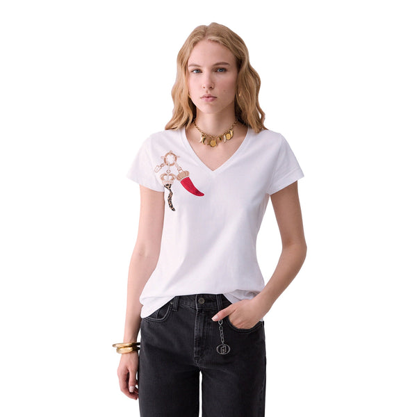 T-shirt Donna con scollo a V Bianco modella frontale