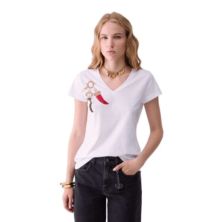 T-shirt Donna con scollo a V Bianco modella frontale