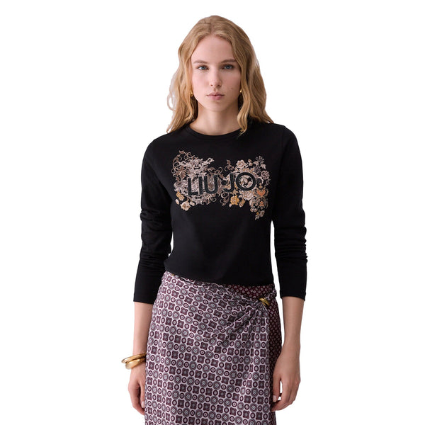 T-shirt Donna skinny fit manica lunga Nero, modella frontale