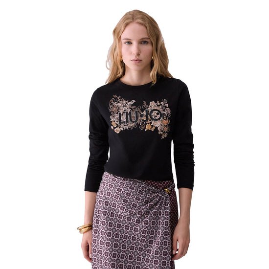 T-shirt Donna skinny fit manica lunga Nero, modella frontale