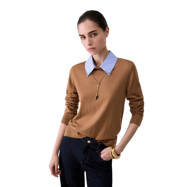 Maglia Donna Beige con colletto in popeline con strass