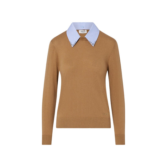 Maglia Donna Beige con colletto in popeline con strass