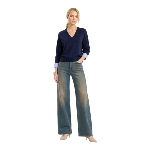 Maglia Donna Blu con polsi a camicia modella frontale intera