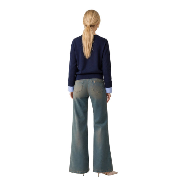 Maglia Donna Blu con polsi a camicia modella intera retro