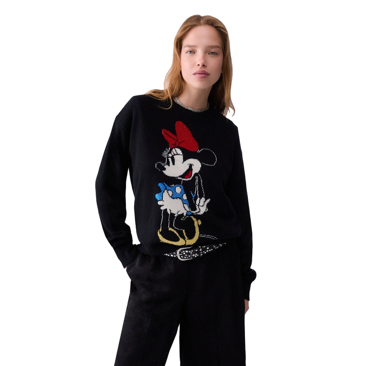 Maglia Donna in lana nera Mrs Mouse, modella frontale
