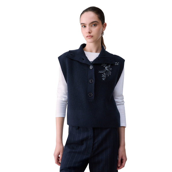 Gilet in maglia Donna con gioiello blu scuro modella frontale