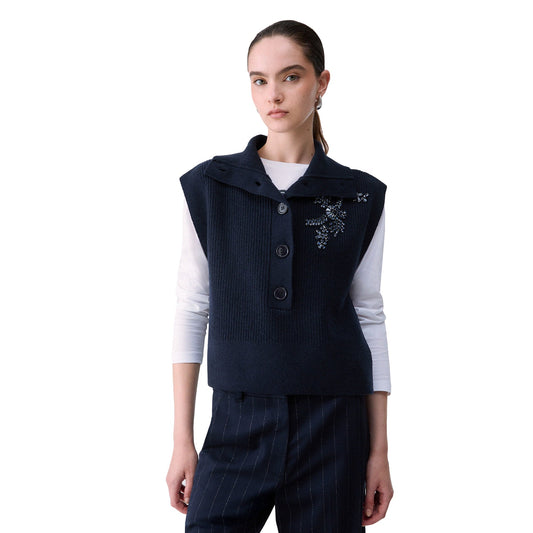 Gilet in maglia Donna con gioiello blu scuro modella frontale