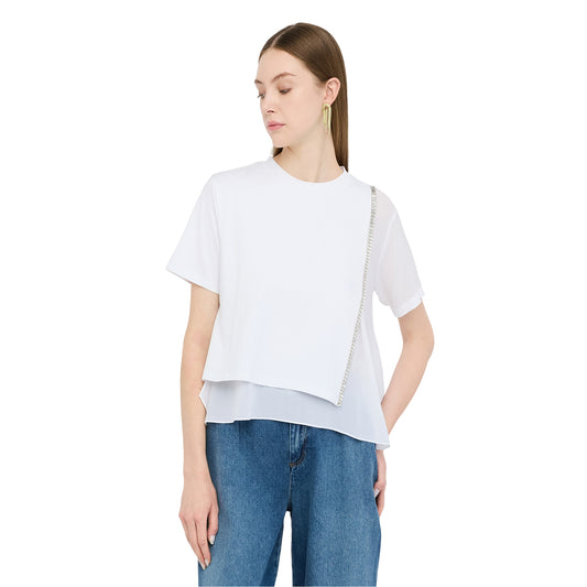 T-shirt Donna dal taglio asimmetrico Bianco modella frontale