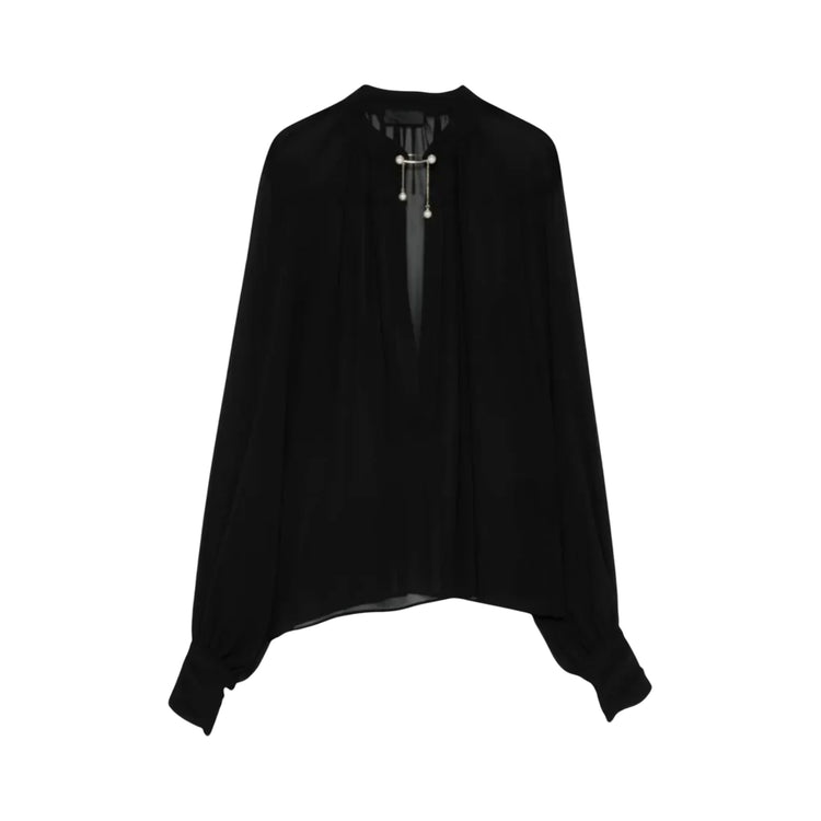 Blusa Donna con collo alla coreana e motivo a V Nero