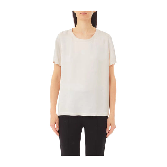 Blusa Donna in raso tinta unita beige chiaro modella frontale