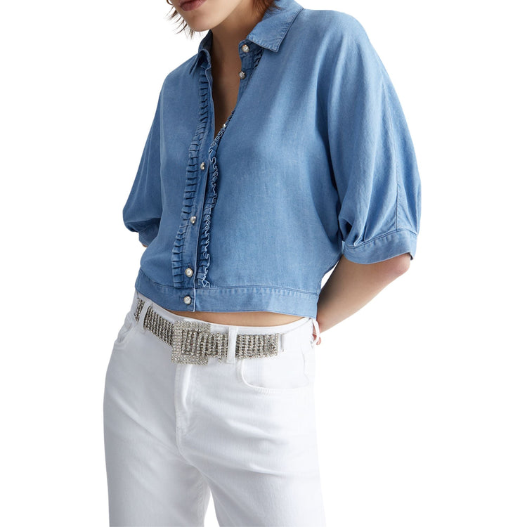 Chemise femme en jean à volants