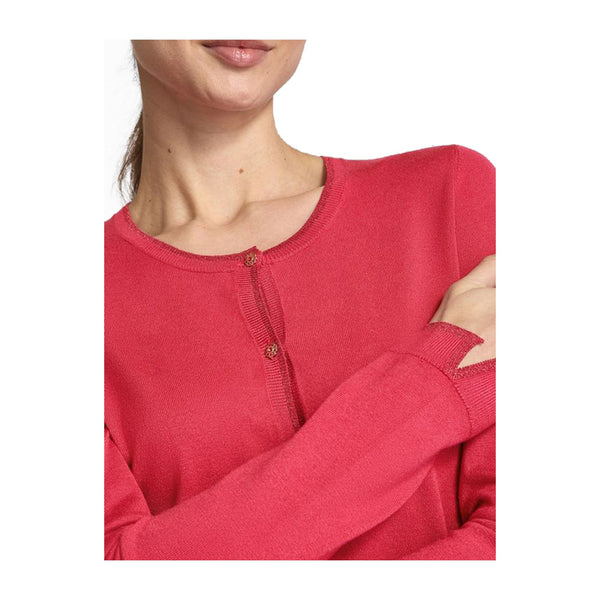 Cardigan Donna girocollo dettagli lurex modella frontale ravvicinata