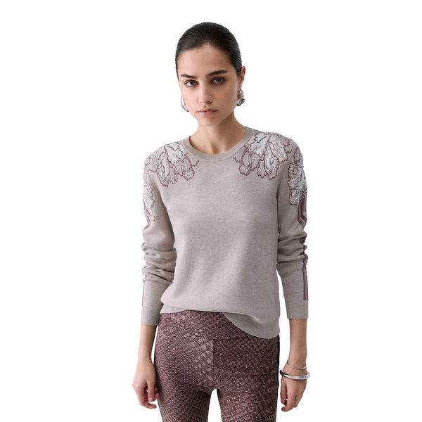 Maglia Donna con dettagli floreali Beige, modella frontale