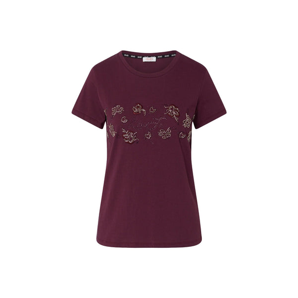 T-shirt Donna con ricami floreali Bordeaux