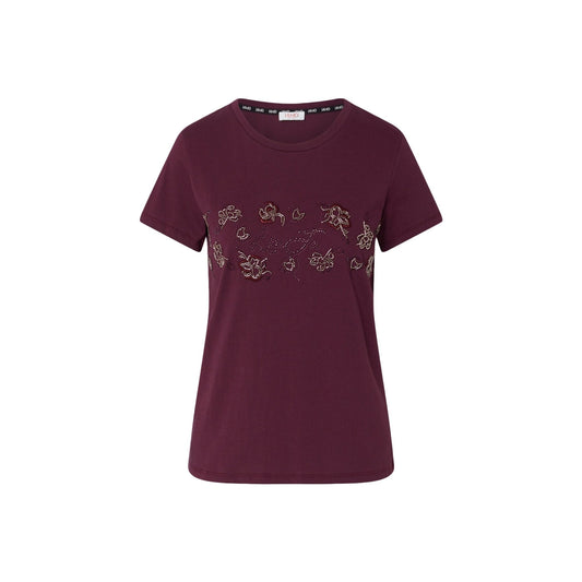 T-shirt Donna con ricami floreali Bordeaux