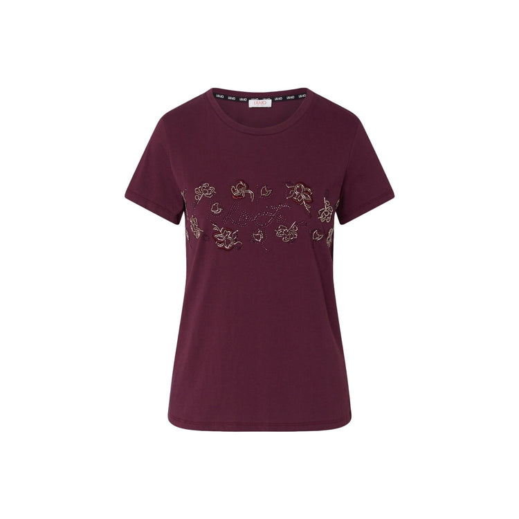 T-shirt Donna con ricami floreali Bordeaux