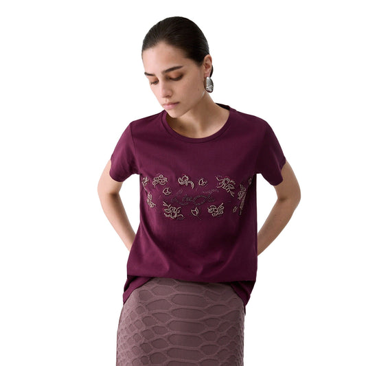 T-shirt Donna con ricami floreali Bordeaux modella frontale